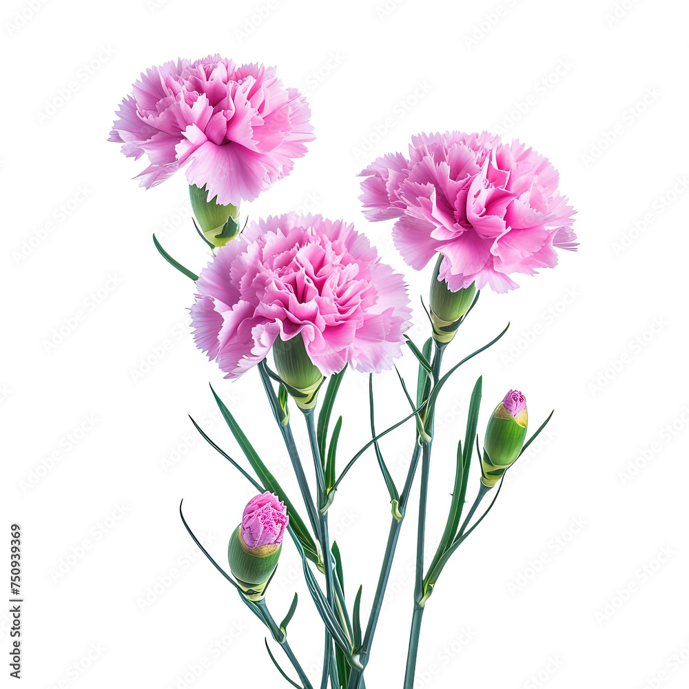 Pink Carnation flowers on white or transparent background
