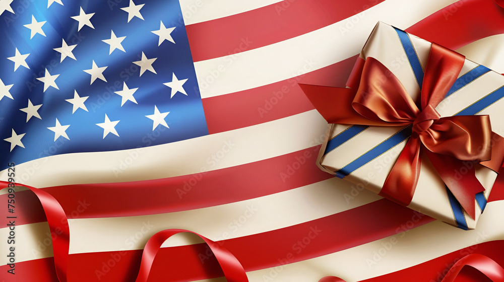 Obraz premium An American flag with a bright gift, symbolizing the pride and joy of national holidays.