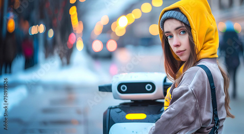 The girl meets a modern delivere robot courier, embodying the fusion of man and technology in innovative service. Banner with copy space. photo