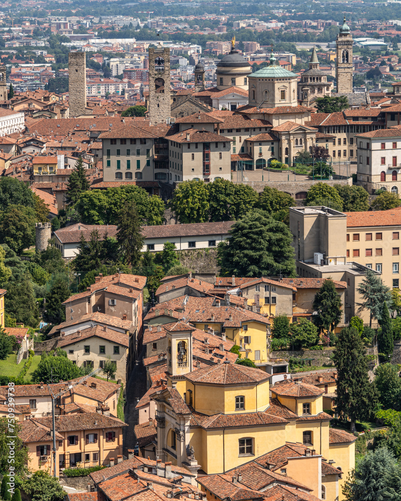 Bergamo old town seen from San Vigilio hill, which offers an amazing view of the upper town (Citta Alta), Lombardy, Italy