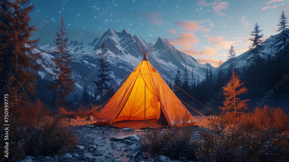 Camping in the mountains under the stars. A tent pitched up and glowing under the milky way. - obrazy, fototapety, plakaty 