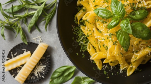 a plate of pasta with basil, cheese, and parmesan cheese on a gray surface next to a cracker and a sprig of basil. photo