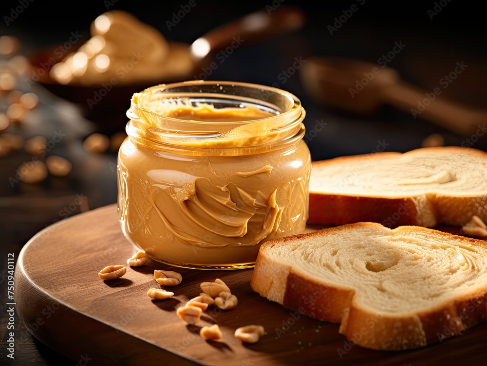 jar filled with creamy peanut butter, its smooth texture inviting you to indulge in its rich and nutty flavor. With a golden hue and velvety consistency, the peanut butter spreads effortlessly  - obrazy, fototapety, plakaty 