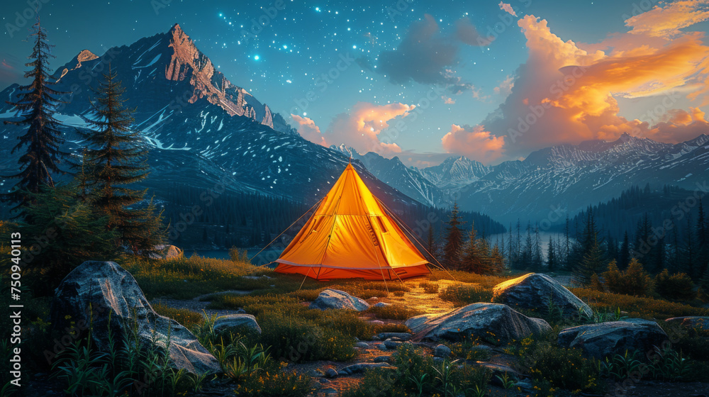 Camping in the mountains under the stars. A tent pitched up and glowing under the milky way.