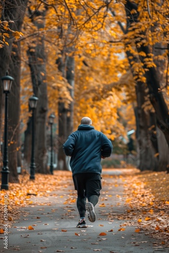 A man running in the fall leaves. Generative AI.