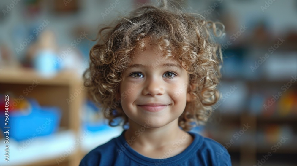 A young boy with curly hair in a classroom. Generative AI. A young boy with curly hair in a classroom. Generative AI.