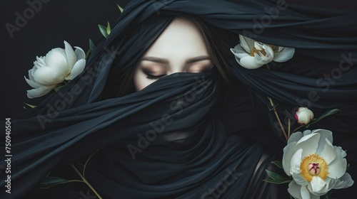 a painting of a woman covering her face with a black cloth and flowers in front of her face and her eyes closed. photo