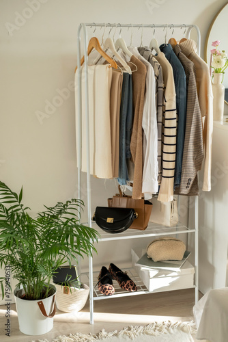 Floor hanger with women's clothes, bags and shoes. Cozy white room with plant