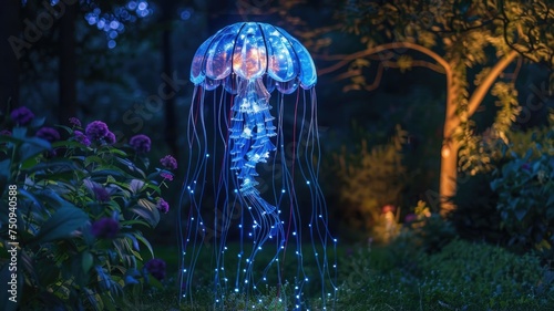 serene garden scene with handcrafted jellyfish wind chimes  their ethereal forms and sparkling tendrils catch the soft glow of the setting sun.