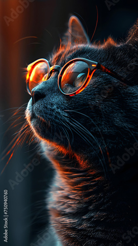 Close-up of a contemplative black cat with orange glasses, gazing upwards in a warm light ambiance