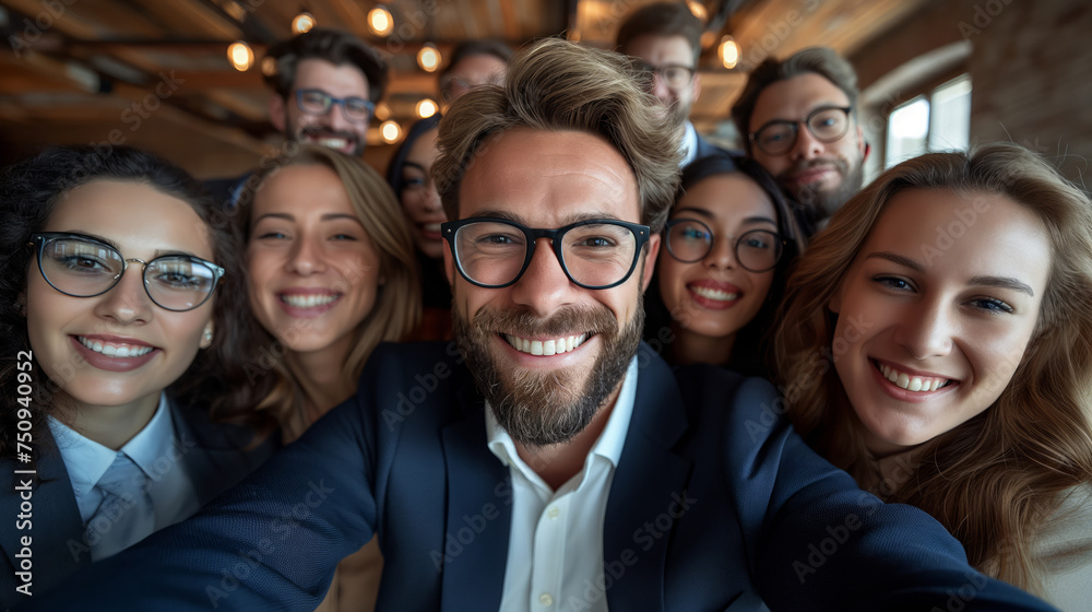 happy office group smiling and taking a selfie happy office group smiling and taking a selfie