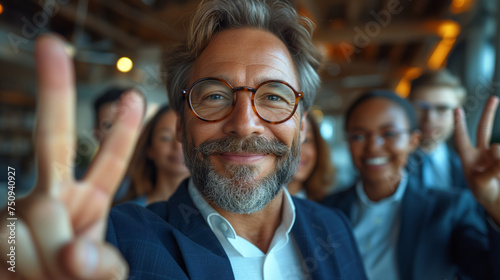 happy mature businessman with glasses taking a selfie with his employees