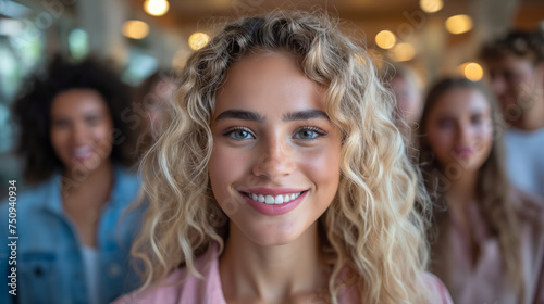 beautiful young woman with blonde curly hair smiling