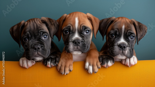 beautiful little boxer puppies hiding behind the sofa