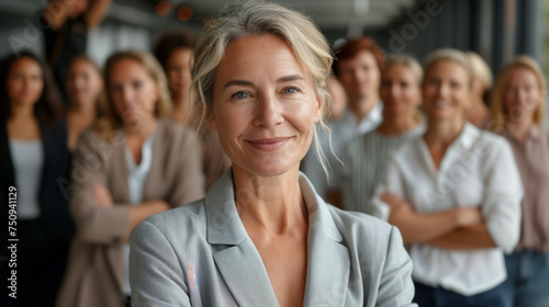 mature businesswoman in grey suit representing her  team