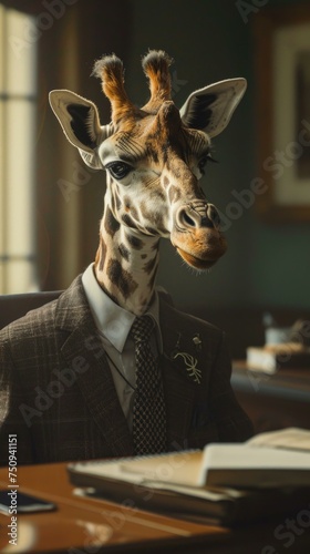A giraffe wearing a suit and tie. Generative AI. © Natalia
