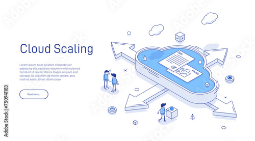 Cloud Scaling Solution concept. Cloud computing technology is easy handles growing and decreasing demand in usage. Isometric 3D cloud and arrows to maximize or minimize Cloud sizing.