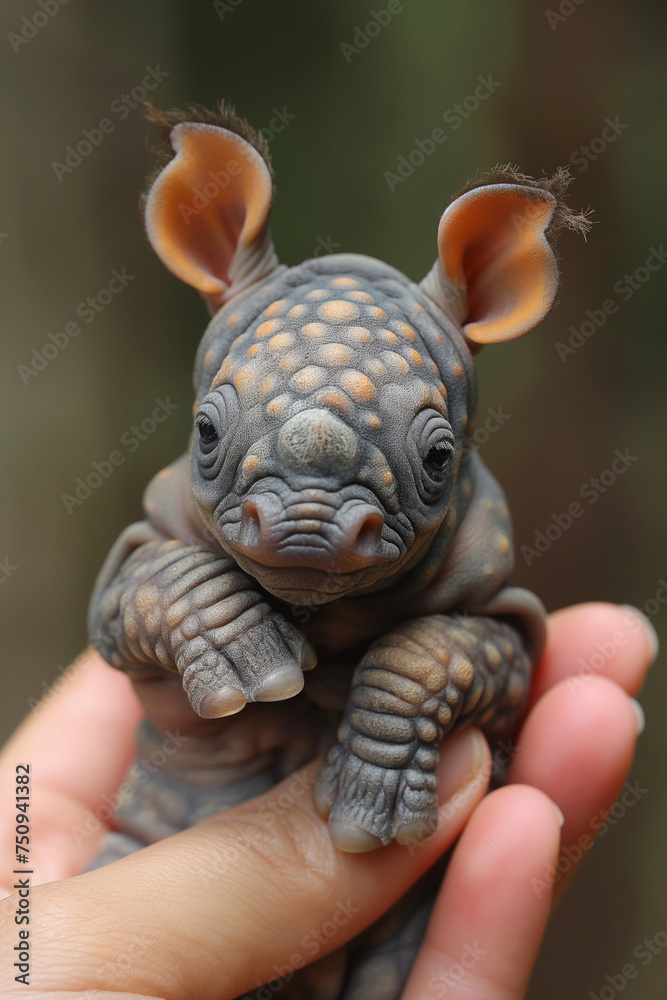 tiny little rhinoceros resting in woman's hands