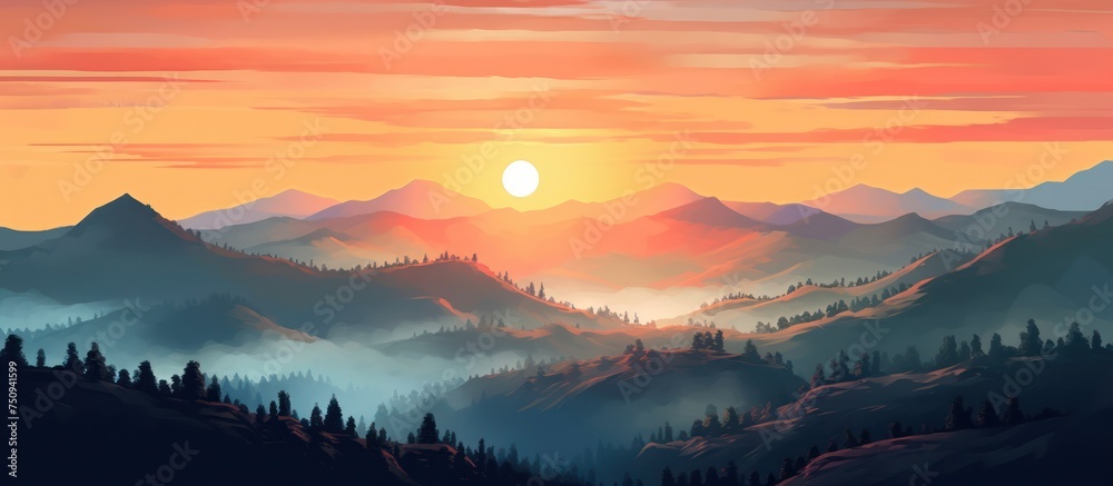 Sunset View of Mountains, Hills, Wilderness with orange light