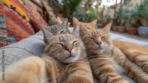 adorable sleepy cats taking a selfie while laying on each other