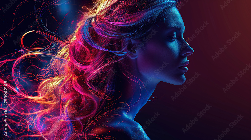 girl model side view of long neon color hair , showing ombre color , hairdye, haircolor, hair salons posters	