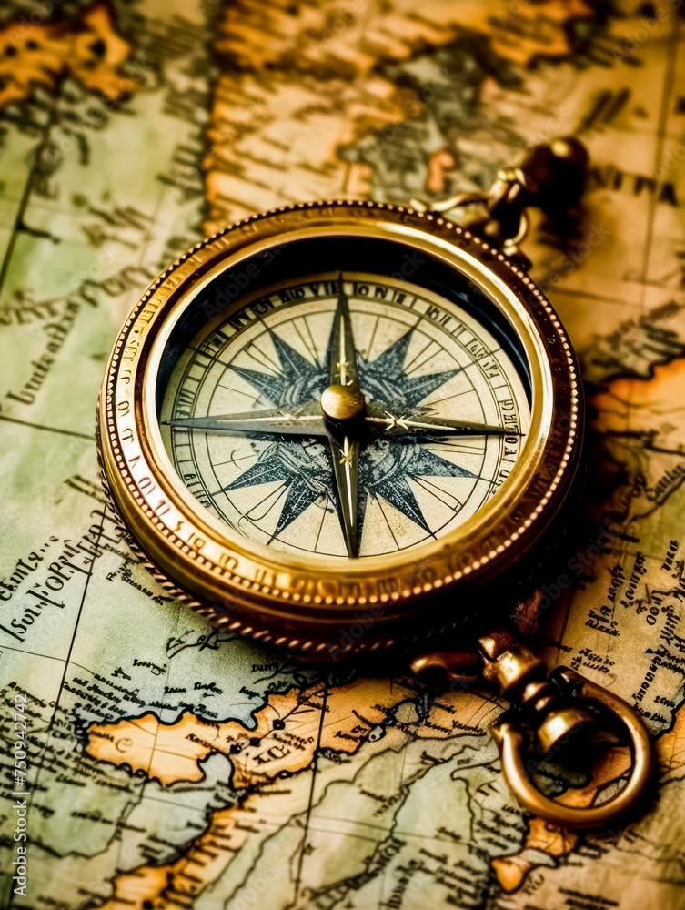 An antique compass placed on a vintage map evokes nostalgia and beckons to tales of adventure, making it a perfect backdrop for retro themed designs.