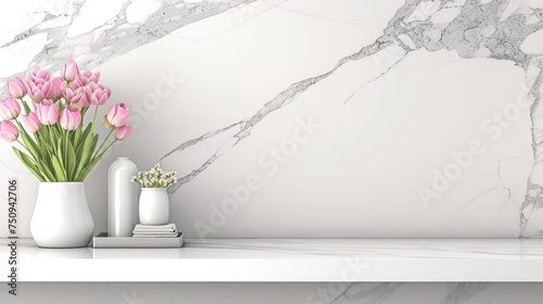 a bunch of pink tulips in a white vase next to a white vase with a flower in it. photo