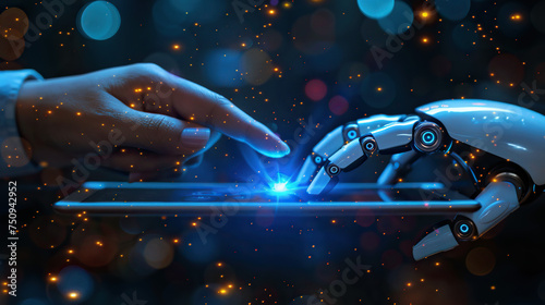 Futuristic 3d robot arm and human hand touching digital world with wireframe connections,  Human fingers and robot fingers touching, Science and innovation, Artificial intelligence technology concept.