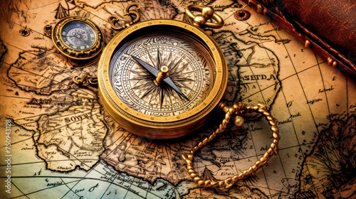 An antique compass placed on a vintage map evokes nostalgia and beckons to tales of adventure, making it a perfect backdrop for retro themed designs.