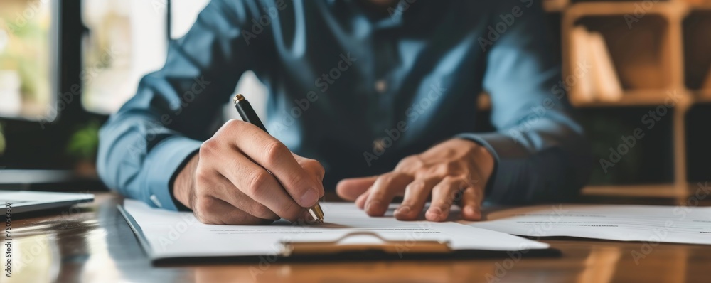 Bussiness man signing value real estate document in office
