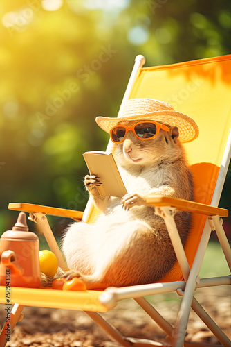 Small Animal Sitting in Lawn Chair Reading Book © petro