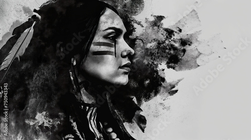 Portrait of a Native American woman in profile wearing a headdress, a vintage black and white photograph in the style of distressed grunge background, textured 