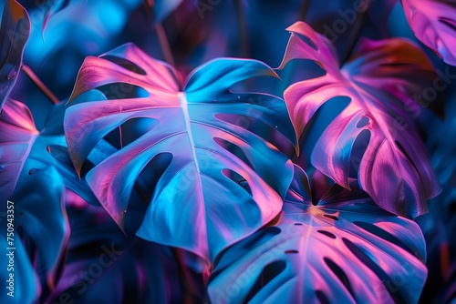 Tropical leaves  colorful glowing neon summer background.