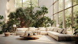 A modern living room with an abundance of natural light, a large indoor tree, and a calming green wall