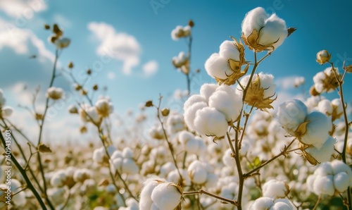 Organic cotton field with white flowers in background © Daniela
