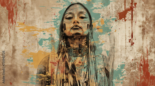Wallpaper Mural A portrait of an American Indian woman in the vintage poster style, with vibrant colors with textured background. Torontodigital.ca