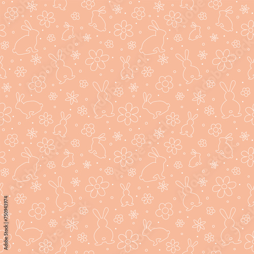 Minimalist Easter seamless pattern with bunnies and flowers. Design of a background for invitation, card and poster. Vector illustration