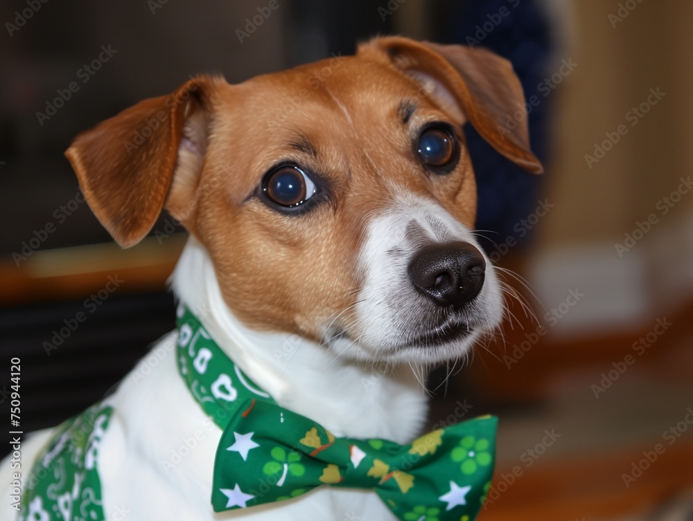 Cute funny dog wearing green festival costume elements for St. Patrick's day celebration