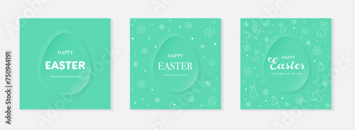 Abstract Easter background. Concept of a paper cut egg, hand drawn flowers and bunnies. Greeting cards collection. Vector illustration