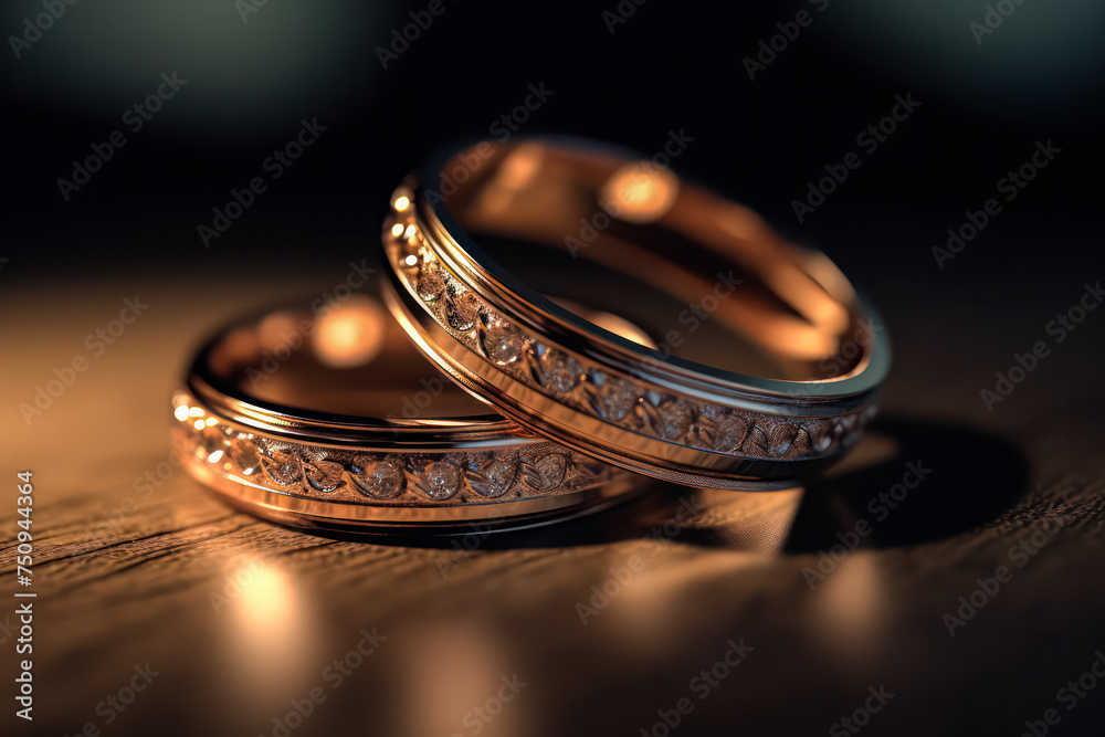 Wedding rings beautifully displayed on a glittering background, offering a panoramic view with ample copy space. Ideal for wedding themed designs or advertisements. Wedding rings beautifully displayed on a glittering background, offering a panoramic view with ample copy space. Ideal for wedding themed designs or advertisements.