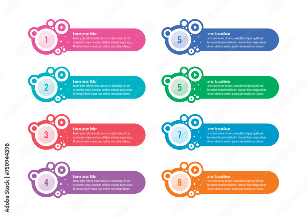 Infographic template for business, technology, IT, food, industrial world. colorful strips infographic template. eight steps information template Infographic template for business, technology, IT, food, industrial world. colorful strips infographic template. eight steps information template