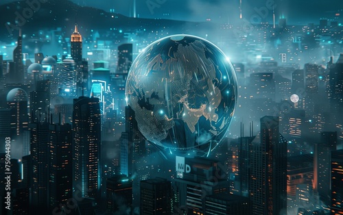 A cityscape with a glowing globe in the center