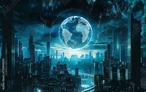 A cityscape with a large blue planet in the center