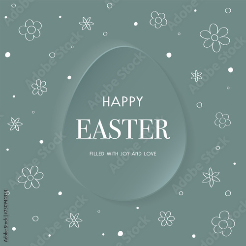 Happy Easter. Greeting card concept in modern paper cut style. Background with Easter egg and hand drawn flowers. Vector illustration 