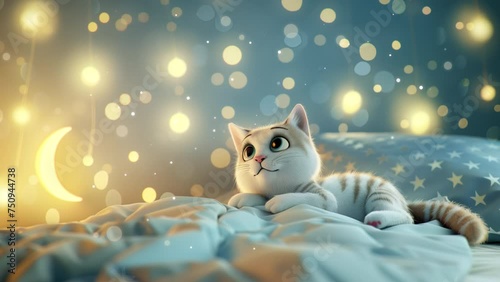 Cute cartoon animal, 3d art style, bokeh background. Stylized little kitty on the bed. Moon and stars, sweet dreams, night concept. banner, backdrop. Cute character for kids, looped animation