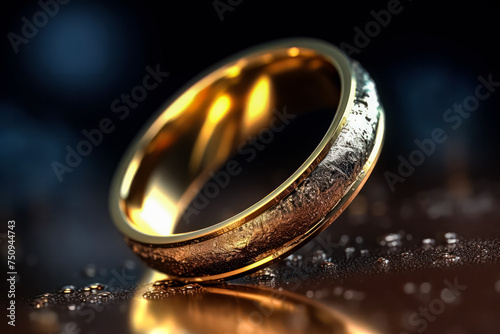 Wedding rings beautifully displayed on a glittering background, offering a panoramic view with ample copy space. Ideal for wedding themed designs or advertisements.