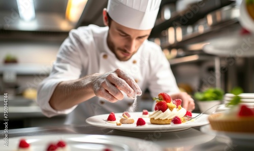 pastry chef hands detail is serving a finest dessert in luxury restaurant