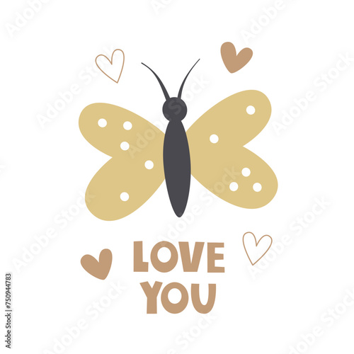 Love you. Vector illustration with cartoon bytterfly, hand drawing lettering, decor elements. romance. Design for Happy Valentine's Day greeting cards, print, posters.