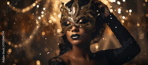 A woman is seen wearing an elaborate masquerade and a mask at a luxurious holiday party. The light reflects off her glittering gold jewelry, adding to the festive and glamorous atmosphere of the event
