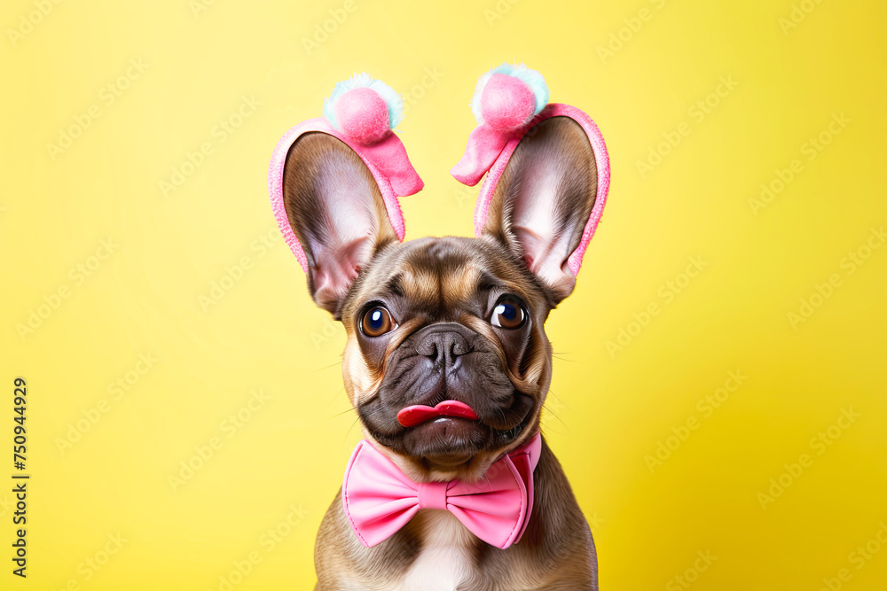 Small Dog Wearing Bunny Ears and Pink Bow Tie